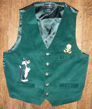 Vtg WARNER BROS Studio Waistcoat Large Vest Green Corduroy Tweety Pie Sylvester