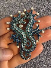Seahorse  Brooch BLUE CRYSTAL RHINESTONE Large Two Sea Horses Pearl Beautiful
