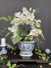 Traditional hexagon Orchid plant pot Chinese blue white porcelain planter