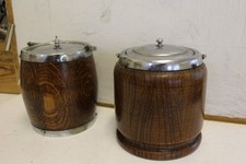 2 x Antique Wooden Biscuit / Ice  Barrel. Ceramic Insert With Lid 6" high x 5.5"