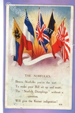 WW1 WAR 1915 ALLIED FLAGS NORFOLK REGIMENT PATRIOTIC ARMY MILITARY POSTCARD