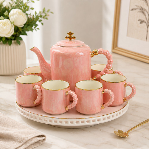 8pc pink ceramic tea set - 8pc,