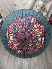 Vintage Traditional Chinese Sun Parasol Umbrella Oriental Wooden Genuine Floral