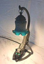 Vintage Bronze Crouching Cat Table Lamp Light Up Eyes Height 15" Weight 3kg