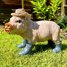 Pig In Wellies Sculpture Pink Resin Farm Animal Piglet Novelty Outdoor Ornament