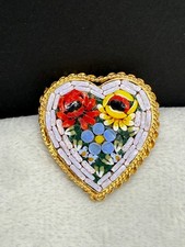Vintage Micro Mosaic Brooch Heart With Flowers Italy