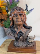 Native American Chief Bust Small On Wooden Plinth 