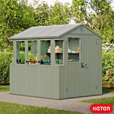 Large Garden Plastic Resin Potting Shed  6ft 3" x 8ft Apex Roof 2 Shelves Green