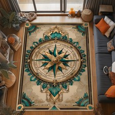 Compass Rug Gold Teal Nautical