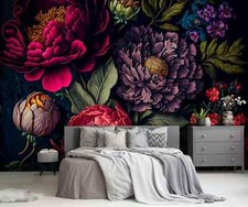 Woman bedroom floral wallpaper wall mural 312x219cm red black peonies roses
