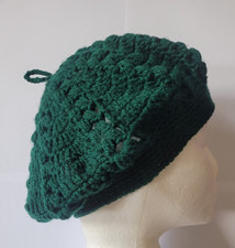 Beret hat dark green, handmade, crocheted, acrylic, one size.