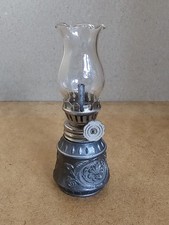 Antique Miniature Metal Oil Lamp Pewter Base Glass Hurricane