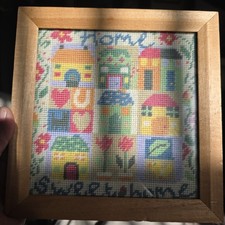 Vtg Jolly Red Home Sweet Home Framed Tapestry Pastel Lucky Horse Shoe Flower Cat