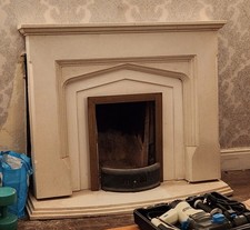 Solid stone Beige cream Fire Surround, mantle hearth Grate Tray, Cast Iron front