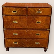 Antique Victorian Figured Walnut & Brass Campaign Chest of 5 Drawers
