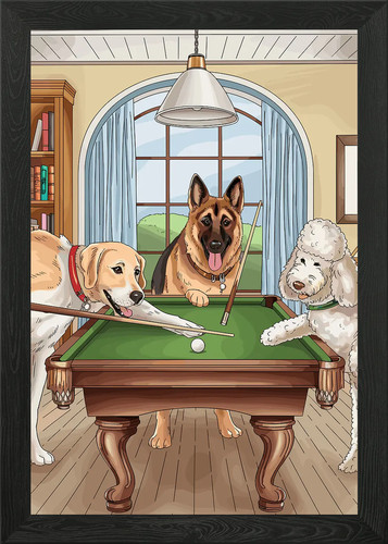 Dogs playing pool - framed, wall