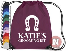Personalised horse grooming riding kit bag. Drawstring - add child/horse name