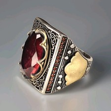 Handmade Turkish Ruby, .925 Sterling Silver & Brass Men's Ring, Size 10.5