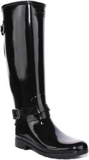 Hunter Refined Tall Back Strap Wellington Womens Boots Black Patent UK 3 - 9