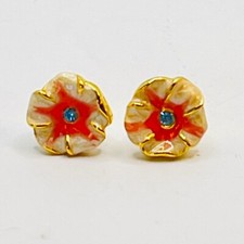 Joan Rivers Enamelled Pink and White Flower Earrings with Blue Crystal Centres