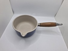 Vintage Le Creuset Cast Iron Blue Enamel Saucepan Wooden Handle France Size 14
