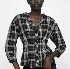 ZARA PLAID PEPLUM V-NECK JACKET BLOUSE TOP 3/4 SLEEVES BLACK SIZE M NWOT
