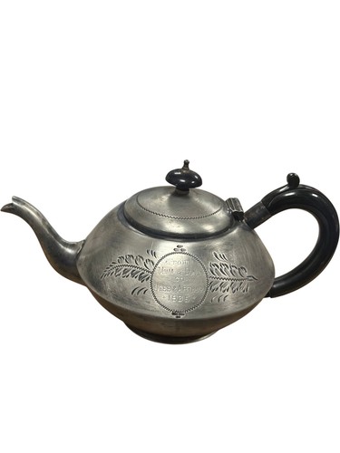 Vintage pewter teapot engraved - vintage,