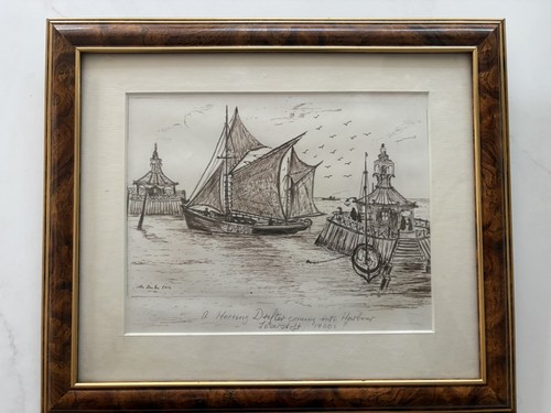 Framed mounted pen ink - mounted, pen/ink