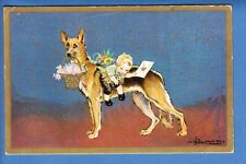 Dogs: German Shepherd, Child, Letter, Basket of Flowers, Very Cute Art PC p1062
