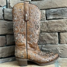 Corral Vintage Crackled Leather Glitter Inlay Sniptoe Cowboy Boots / SZ 7