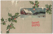 Christmas Greetings Holly Inset Snow Scene - KEVII Tuck Postcard V02