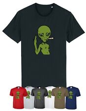 WEED ALIEN Cannabis T-Shirt E.T. Smoking Joint UFO Green Man Middle Finger 420