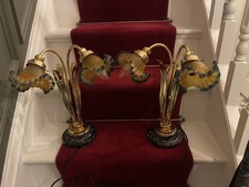 PAIR CHRISTOPHER WRAY GILT BRASS MARBLE BASED ART NOUVEAU LILLY DESIGNED LIGHTS