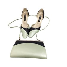 Jacques Vert Mint Green Navy Leather shoes Size 38 Uk 5 1/2 + bag Away