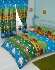 FARM YARD DUCK SWAN COW TRACTOR CHICKS BLUE YELLOW GREEN RED BEDDING OR CURTAINS