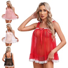 Women's Sexy See Through Cami Tops Chemise Ruffle Babydoll Nightgown Sleepwear
