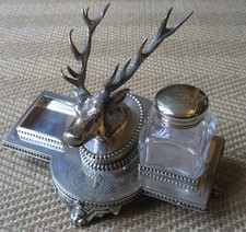 Victorian Silver-Plated Stags Head Double Inkwell - Unusual