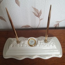 Belleek Table desk Set Porcelain  Cream Gold Pen Propelling pencil  Clock