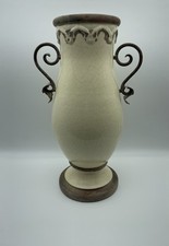 Laura Ashley Large Stoneware Vase Cream Crackle Glaze Distressed Metal Handles