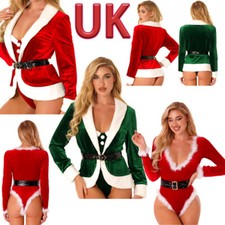 UK Women Christmas Velvet Jacket Santa Claus Coat Tops with Belt Cosplay Costume