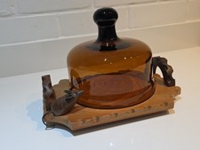 Rare Vintage Cheese Dome & Board with Mouse Amber Glass Hand Blown