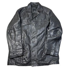 Vintage Matinee Leather Jacket Heavy Long Retro Button Down Black Mens Medium