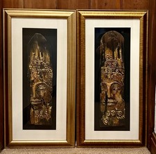 Pair Thai Gold Relief Buddha/Deity Face Wood Wall Panels Framed Wood Art