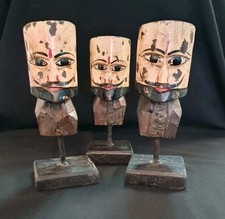 3 Hand Carved & Painted Wooden Puppet Heads On Plinths Possibly Indian