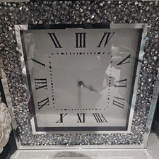 Large crushed jewel mirror wall clock Roman numbers diamante glass clock 45cm