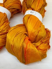Sari silk ribbon, ribbon yarn, amber gold. Weave, fibre arts, crafting. 10m