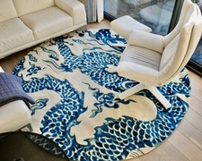 Handcrafted Double-Sided Wool & Linen Round Rug – Dragon & Auspicious Clouds