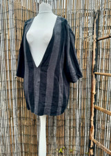 Hebbeding 100% Linen Black Grey Striped V-Neck Lagenlook Tunic Top XL XXL 18 20
