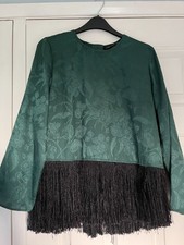 Zara woman medium green brocade style top with fringed hemline