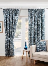 1 Pair Of EVAN Floral Leaf Buds / Birds 3" Pencil Pleat Header Lined Curtains